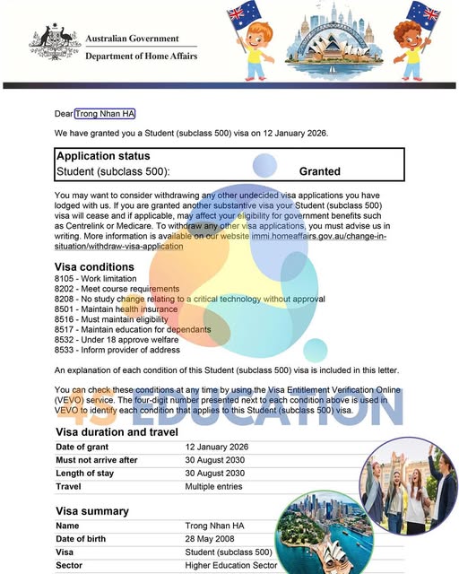 Visa Úc ĐÃ ĐẬU – CHÚC MỪNG em Hà Trọng Nhân!