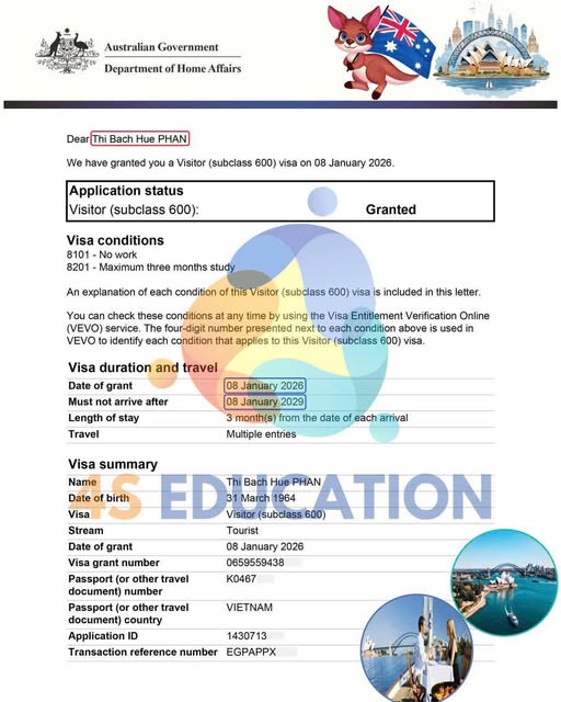 Visa Úc ĐÃ ĐẬU – Chúc mừng cô Phan Thị Bạch Huệ đã có visa du lịch