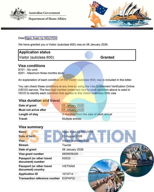 Visa Úc ĐÃ ĐẬU – Chúc mừng em Xuân Vy đã có visa du lịch